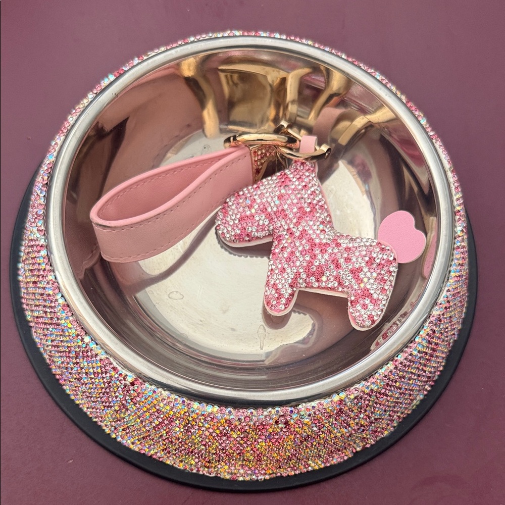 Rhinestone Pink & Silver Doggie Bowl and Rhinwstone Keychain